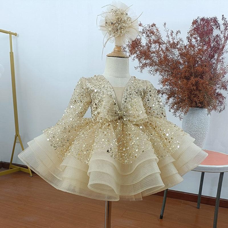 Vestido de primera comunión para niña, con lentejuelas, esponjoso, para concurso de belleza, cumpleaños, princesa 