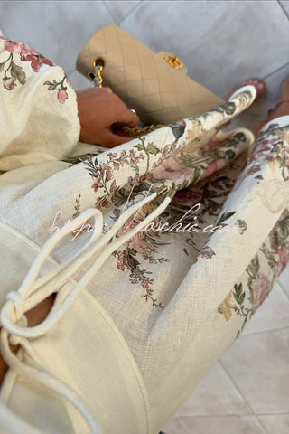 Flower Gala Linen Blend Unique Print Tie-up Balloon Sleeve Pocketed Mini Dress