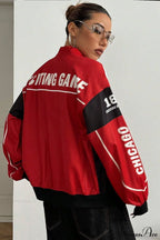 Biker Zip Letter Contrast Long Sleeve Coat