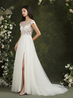 Long A-line Sweetheart Chiffon Lace Wedding Dresses with slit