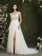 Long A-line Sweetheart Chiffon Lace Wedding Dresses with slit
