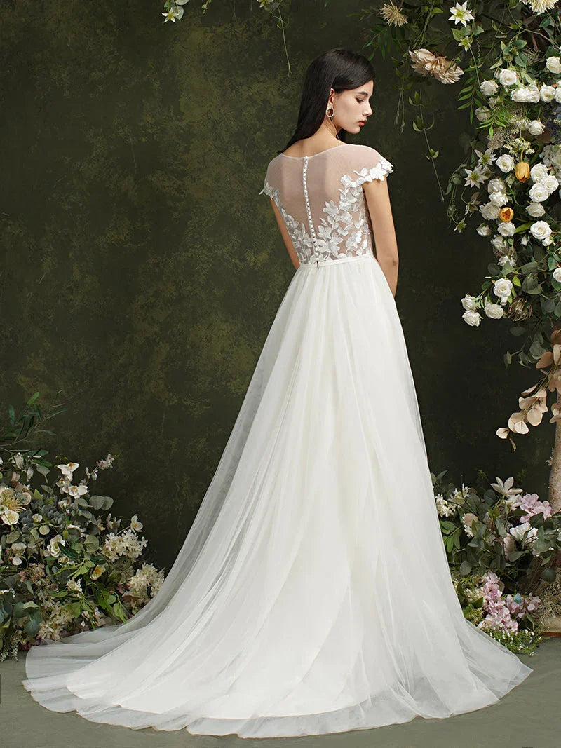 Long A-line Sweetheart Chiffon Lace Wedding Dresses with slit
