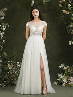 Long A-line Sweetheart Chiffon Lace Wedding Dresses with slit