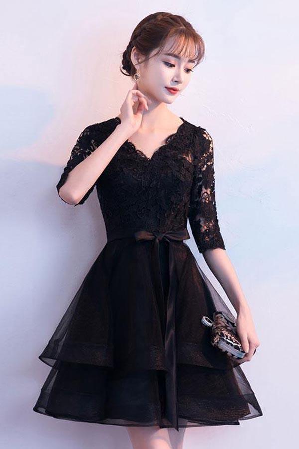V Neck Lace Tulle Short Prom Dress Black Homecoming Dress