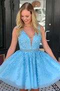 Appliques Beaded Sleeveless A Line Tulle Short Homecoming Dresses
