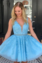 Appliques Beaded Sleeveless A Line Tulle Short Homecoming Dresses