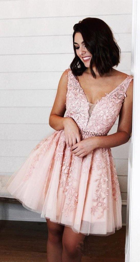 Appliques Beaded Sleeveless A Line Tulle Short Homecoming Dresses