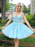 Appliques Beaded Sleeveless A Line Tulle Short Homecoming Dresses