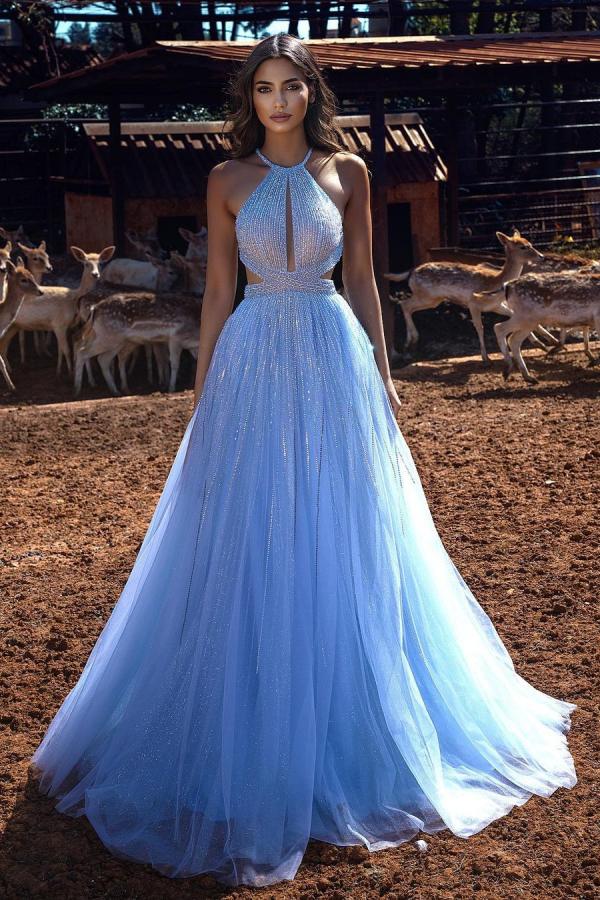Langes, halterloses Tüll-Abendkleid mit Perlenstickerei