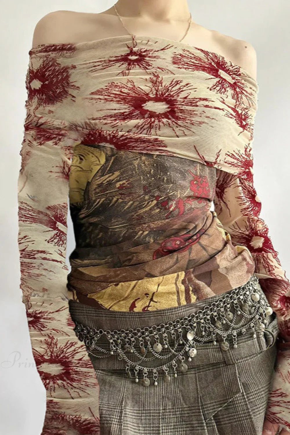 Botanical Print Retro Mesh Panel Boat Neck Long Sleeve Tee