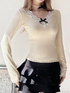 Bow Patchwork Lace Trim Halter V-Neck Long Sleeve Knit Top