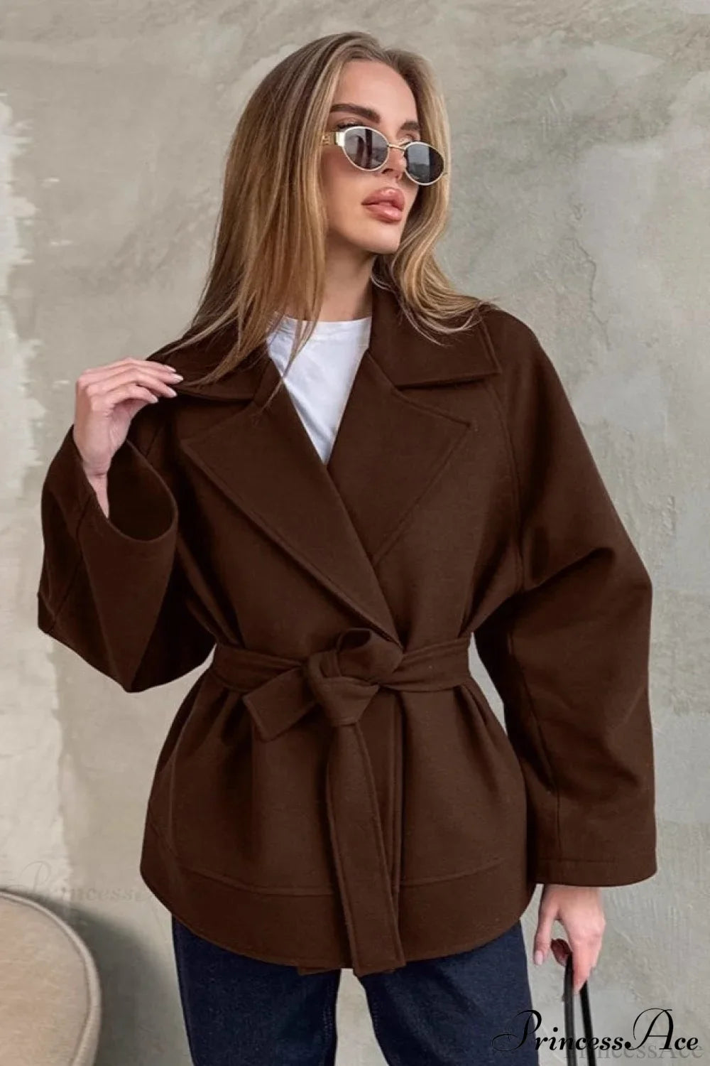 Brown Tie-Waist Wool Blend Loose Mid-Length Coat