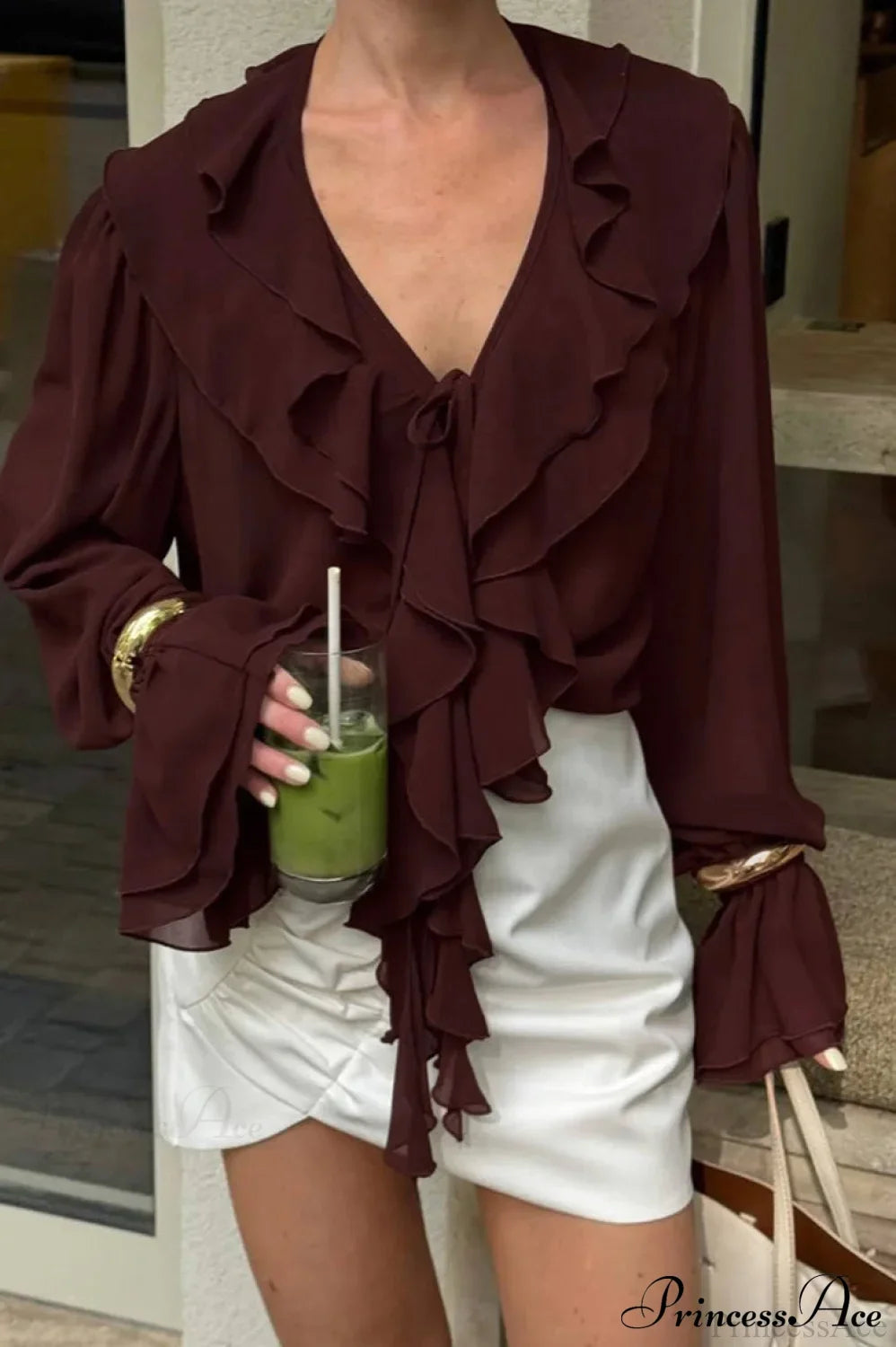 Burgundy Chiffon Ruffled V Neck Tie Blouse