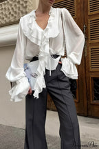 Burgundy Chiffon Ruffled V Neck Tie Blouse