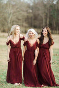 Burgunderfarbenes langes Chiffon-Brautjungfernkleid, Hochzeitskleid