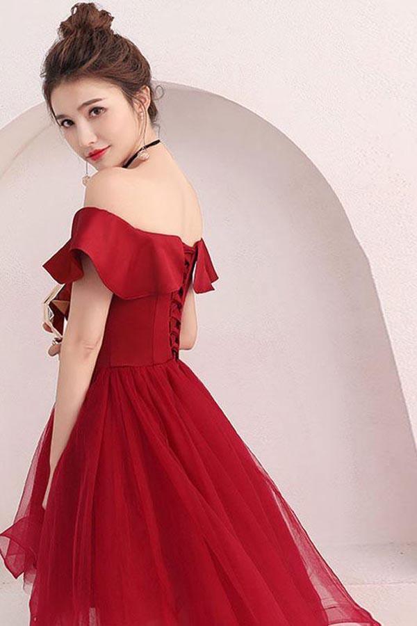 Tüll Off-Shoulder Kurzes Ballkleid Burgund Heimkehrkleid