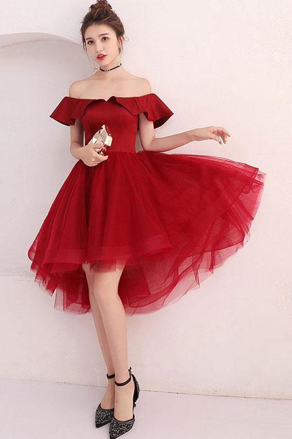 Tüll Off-Shoulder Kurzes Ballkleid Burgund Heimkehrkleid