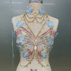 Butterfly Embroidered Crystal Chain Backless Crop Top
