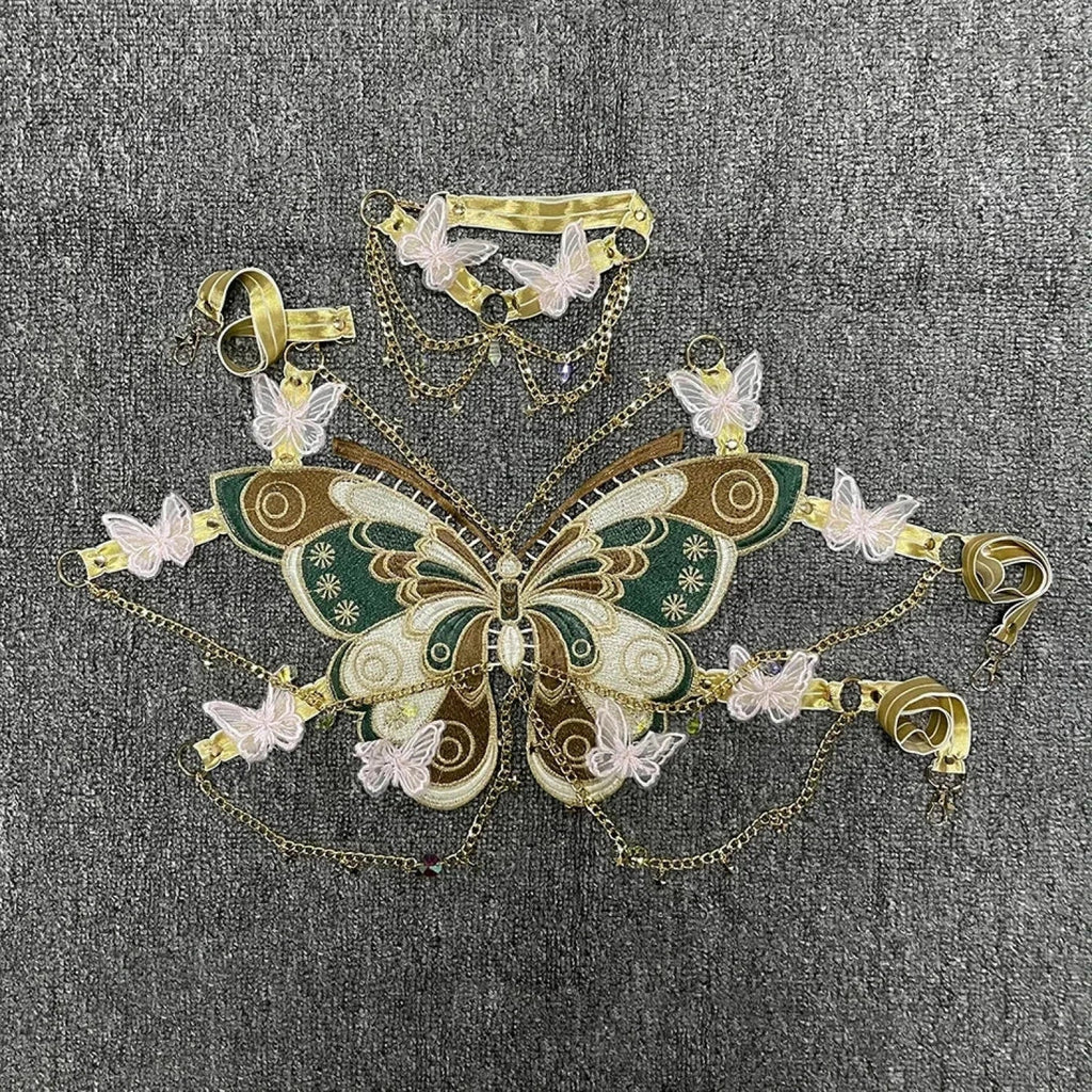 Butterfly Embroidered Crystal Chain Backless Crop Top