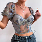 Butterfly Embroidered Mesh Puff Sleeve Lace-up Corset Top
