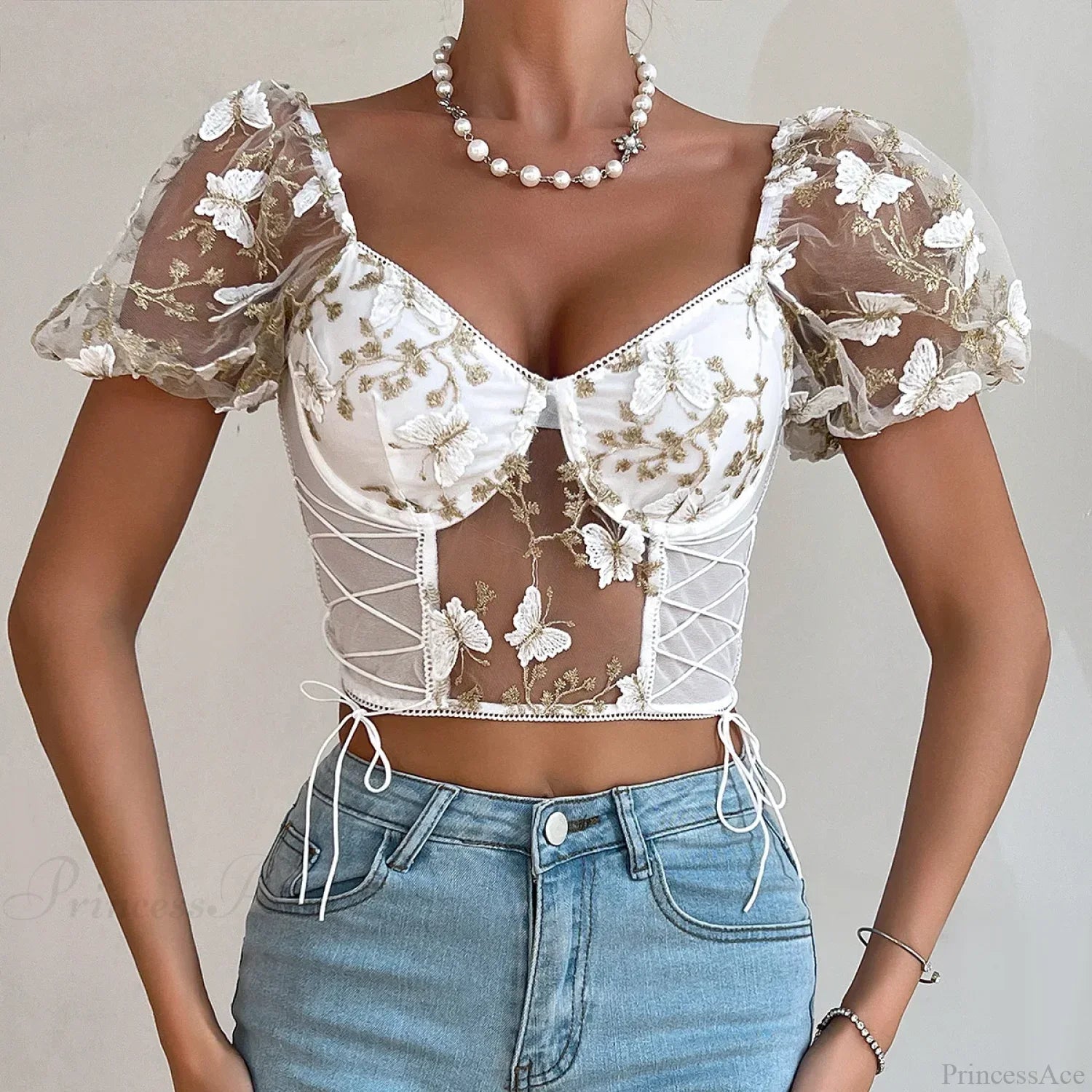 Butterfly Embroidered Mesh Puff Sleeve Lace-up Corset Top