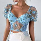 Butterfly Embroidery Mesh Splicing V Neck Slim See-through Crop Top