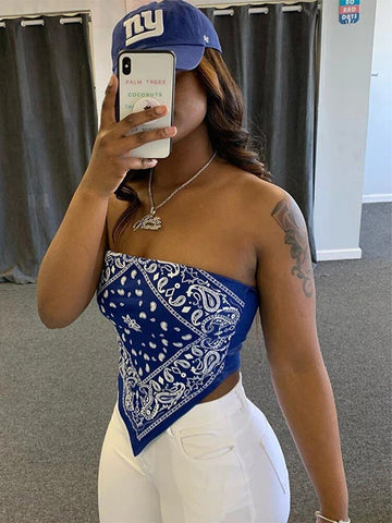 Lindo top corto con bandana estampada sexy para mujer, ropa de verano 2024, camisetas sin mangas con hombros descubiertos y espalda descubierta para mujer 