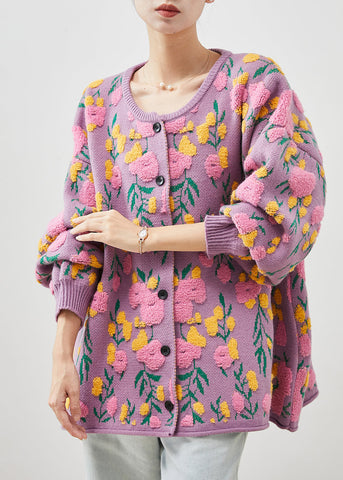 Cárdigan de punto jacquard con cuello redondo en rosa francés para invierno 