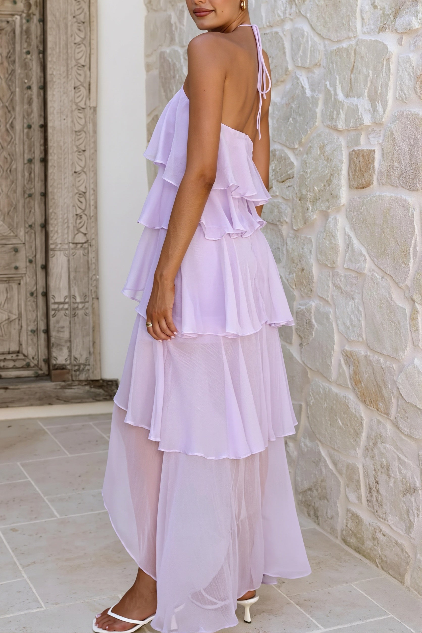 Tiered Ruffle Chiffon Print Maxi Dress
