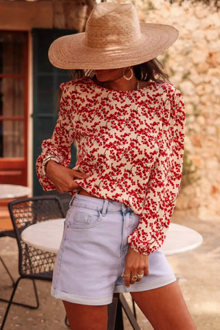 bohemian red floral open back blouse