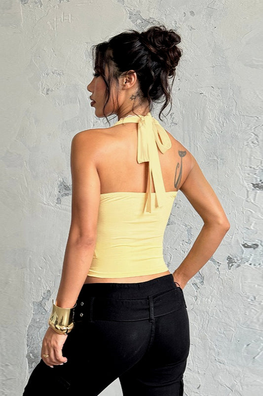 Solid Lace Trim Patchwork Deep V Halter Top