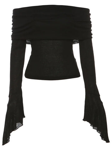 Camisetas de moda sencillas con estética Y2k para mujer, camisetas casuales lisas de manga larga con cuello oblicuo, camisetas vintage con hombros descubiertos y tendencia. 