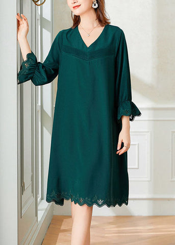 Italienisches grünes V-Ausschnitt-Patchwork-Seidenkleid mit Armbandärmeln 