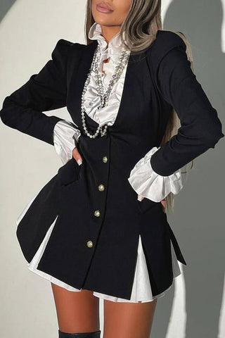 Altair Kontrastierendes Rüschenhemd Patchwork-Knopffaltenblazer-Minikleid