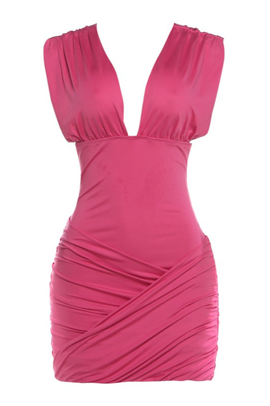Solid Ruched Deep V Waist Cinch Sleeveless Mini Dress