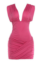 Solid Ruched Deep V Waist Cinch Sleeveless Mini Dress