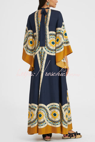 Shine The Light Unique Printed High Neck Bell Sleeve Loose Maxi Dress