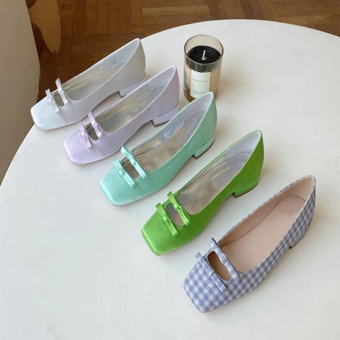 Zapatos de ballet para mujer, primavera y otoño 2024, nueva moda, zapatos Mary Jane de punta cuadrada, mocasines con lazo para mujer