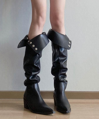 Botas de moda con tacón grueso y empalme de piel sintética negra 