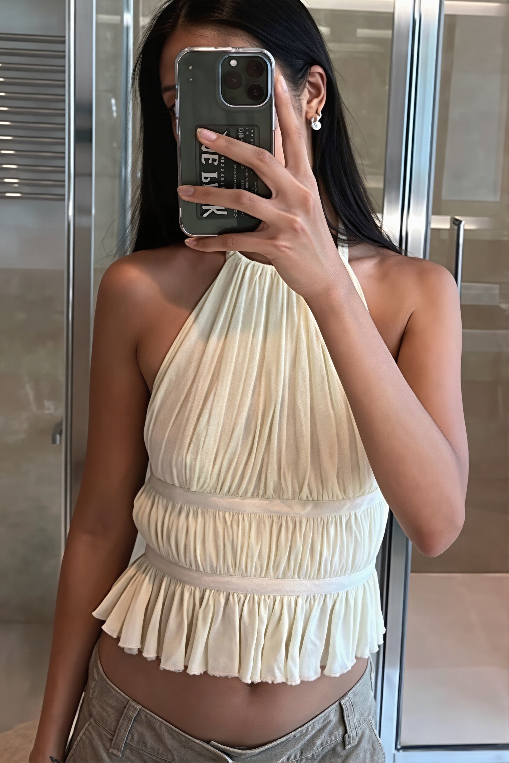 Chiffon Ruched Halter Tie Back Chic Tank Top