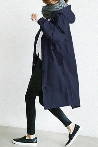 British Style Solid Pocket Buttons Hooded Collar Outerwear