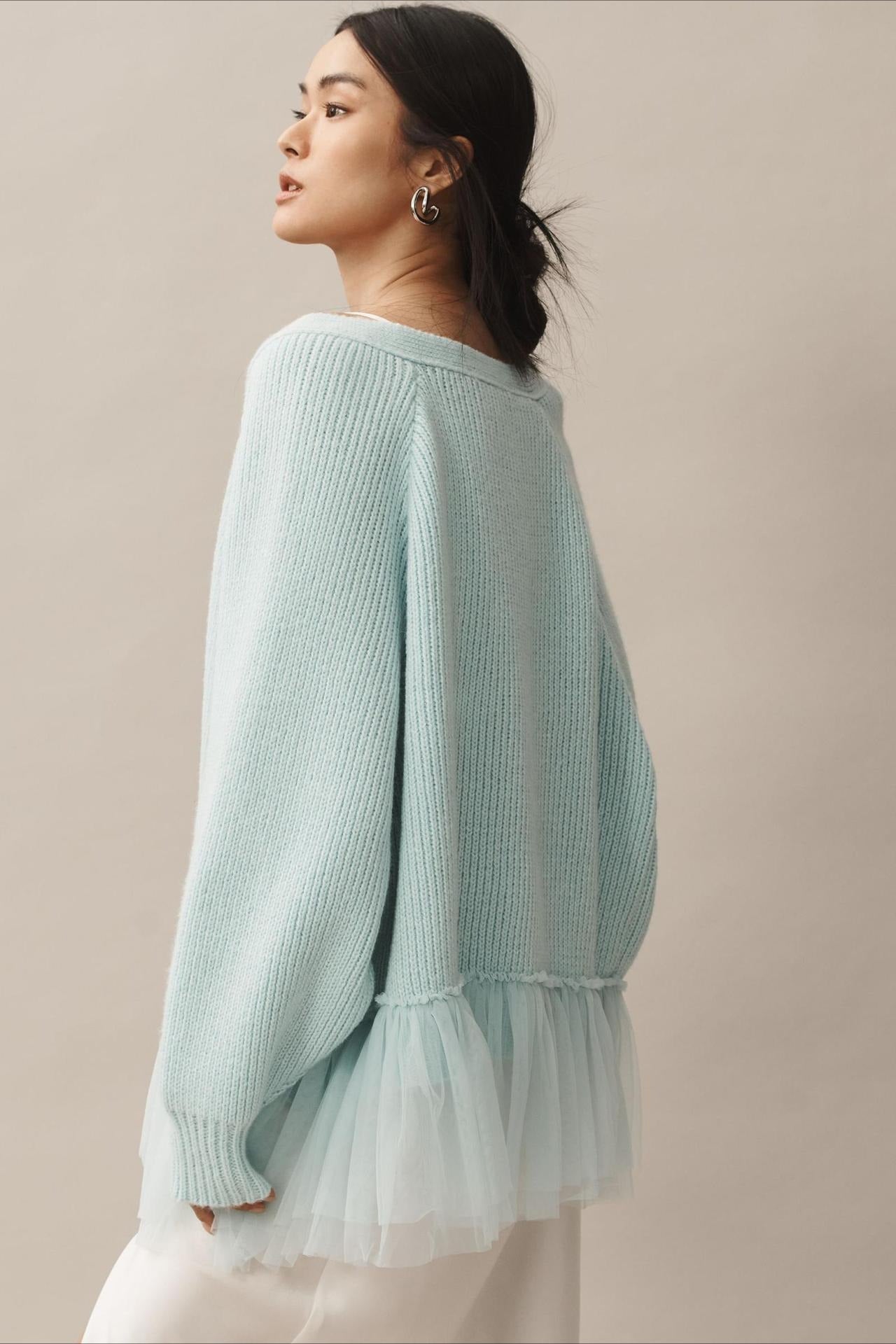 Ruffled Tulle Knit Long-Sleeve Cardigan
