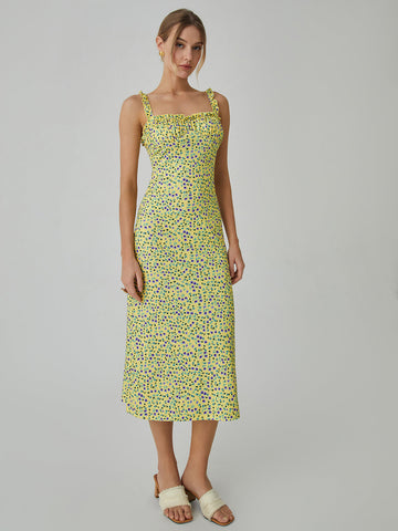 Vestido midi bohemio de vacaciones con estampado floral de tirantes 
