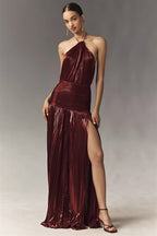 Halter Backless Split Tie Bodycon Maxi Dress