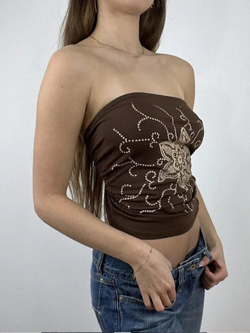 Tops vintage con estampado floral, top corto sin mangas para mujer, camiseta de fiesta, ropa de calle con hombros descubiertos de verano 2024 