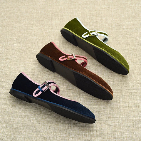 Zapatos planos estilo español con punta redonda para mujer, de terciopelo, Mary Jane, color verde, azul y marrón. 