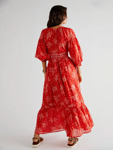 A-Line Flowy Dress Printed V-Neck Puff Sleeves Casual Summer Maxi Dresses