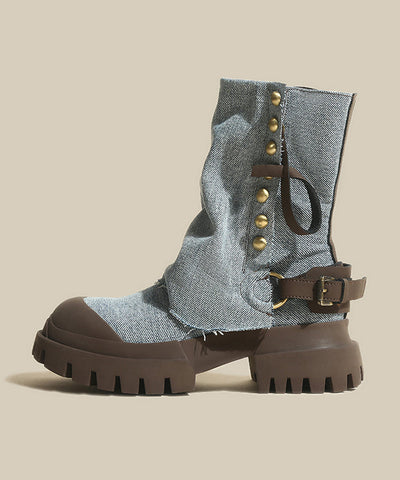 Blaue Plateau-Jeansstiefel aus Rindsleder 