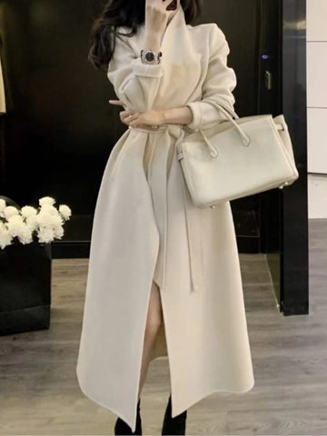 Abrigo de lana elegante de invierno para mujer, moda vintage, nuevo, holgado, chaquetas largas con cinturón, abrigos lisos elegantes para mujer 