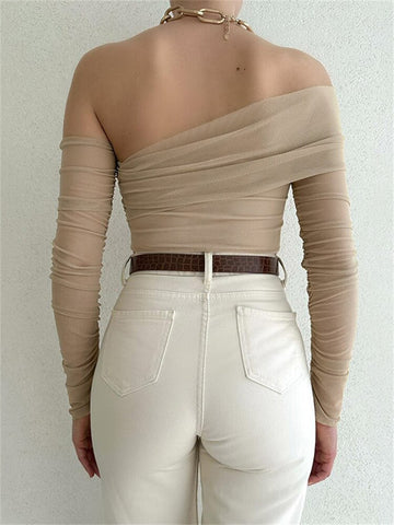 Tossy Sommer-Oberteil mit schulterfreiem, langärmeligem, transparentem Netzstoff, doppellagiges Wickeloberteil, gerüschte Spitze, kurze Oberteile für Damen, Neu 2023 